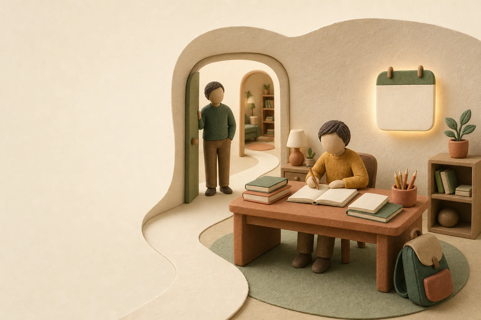 A parent and child reviewing school work together at a table